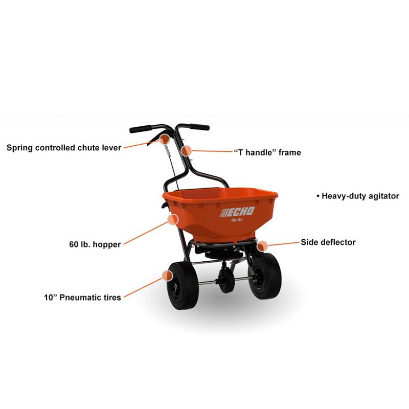 Echo RB-60 Hopper Spreader, 25,000 sq-ft Coverage Area, 60 lb Capacity, Steel Frame, Pneumatic Wheel