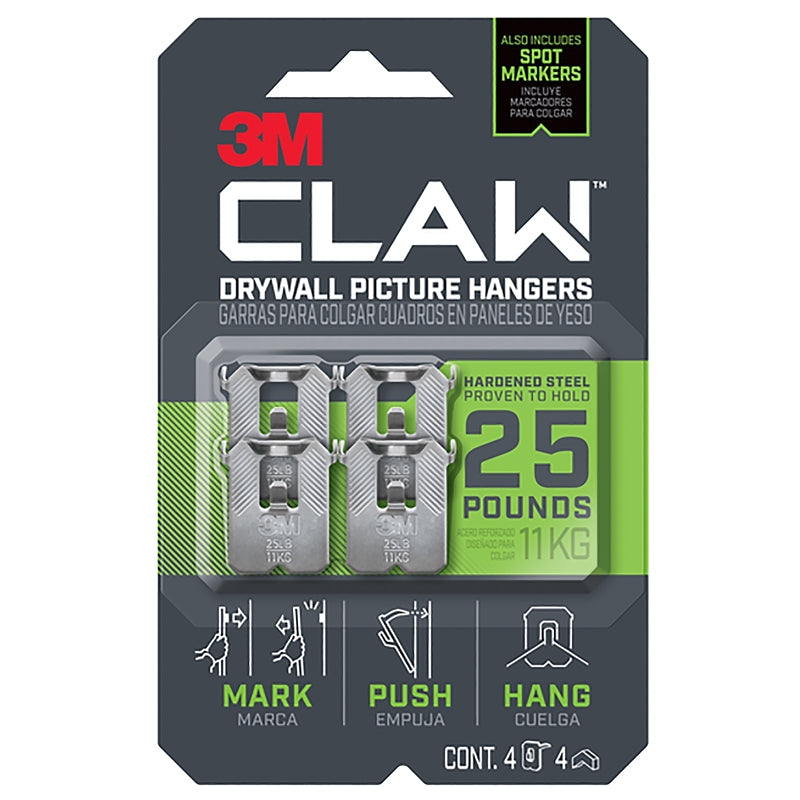 3M CLAW 3PH25M-4ES Drywall Picture Hanger, 25 lb, Steel, Push-In, 4/PK, Pack of 4