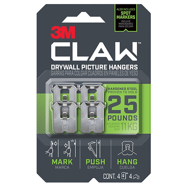 3M CLAW 3PH25M-4ES Drywall Picture Hanger, 25 lb, Steel, Push-In, 4/PK, Pack of 4
