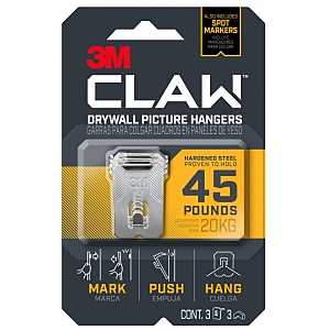 3M CLAW 3PH45M-3ES Drywall Picture Hanger, 45 lb, Steel, Push-In, 3/PK, Pack of 4