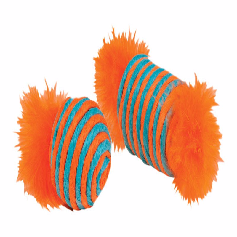 Chomper Kylies Brights Assorted Raffia Raffia Spool and Ball with Feather Cat Toy Large 2 pk