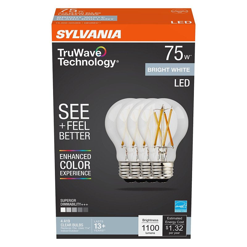 Sylvania 42100 Lamp, A19 Lamp, 75 W Equivalent, Medium Screw E26 Lamp Base, Dimmable, Clear, Neutral White