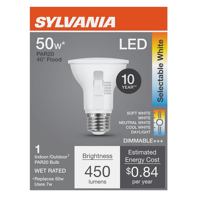 Sylvania 42565 LED Bulb, 5CCT Selectable, PAR20 Lamp, 50 W Equivalent, E26 Medium Lamp Base, Dimmable, Frosted, Pack of 4