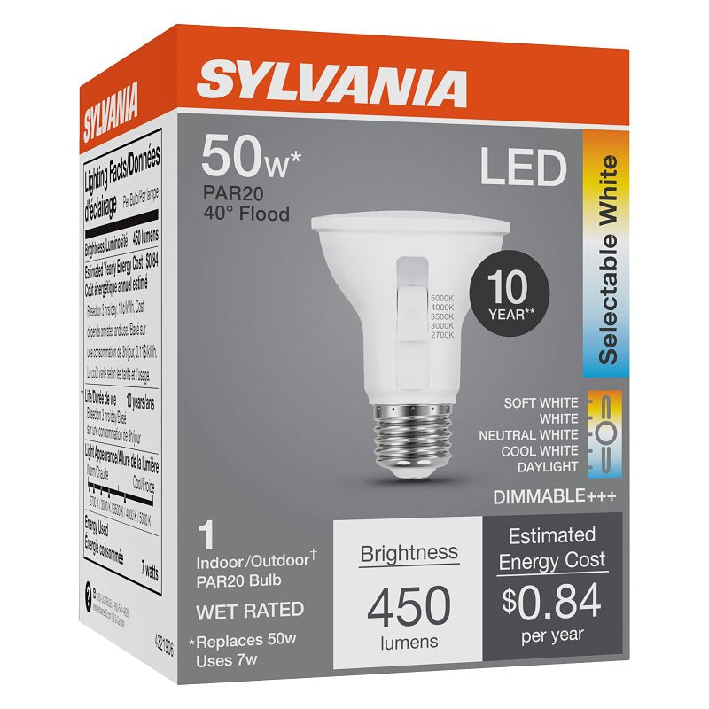 Sylvania 42565 LED Bulb, 5CCT Selectable, PAR20 Lamp, 50 W Equivalent, E26 Medium Lamp Base, Dimmable, Frosted, Pack of 4
