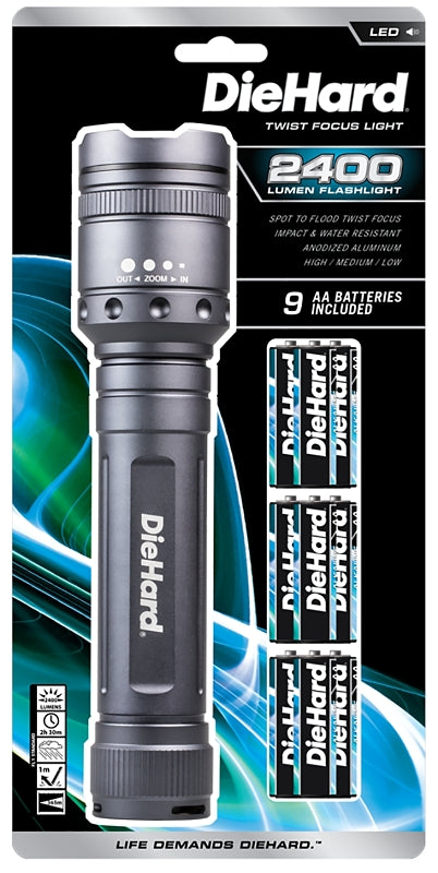 DieHard 41-6124 Twist Flashlight, AA Battery, Alkaline Battery, LED Lamp, 2400 Lumens, Flood Beam, 300 m Beam Distance