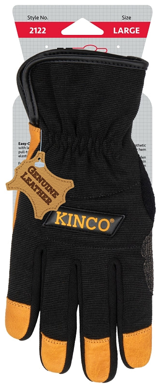 KincoPro 2122-M Hybrid Gloves, Men's, M, Wing Thumb, Easy-On, Shirred Elastic Cuff, Grain Buffalo Back, Black