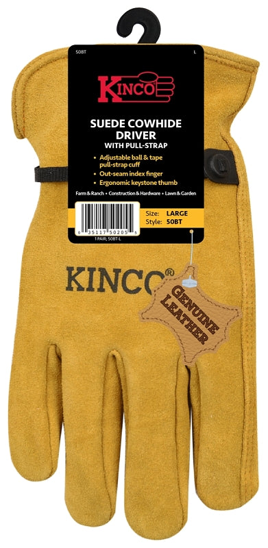 Kinco 50BT-M Gloves, Men's, M, Keystone Thumb, Ball and Tape Cuff, Suede Cowhide Leather, Gold