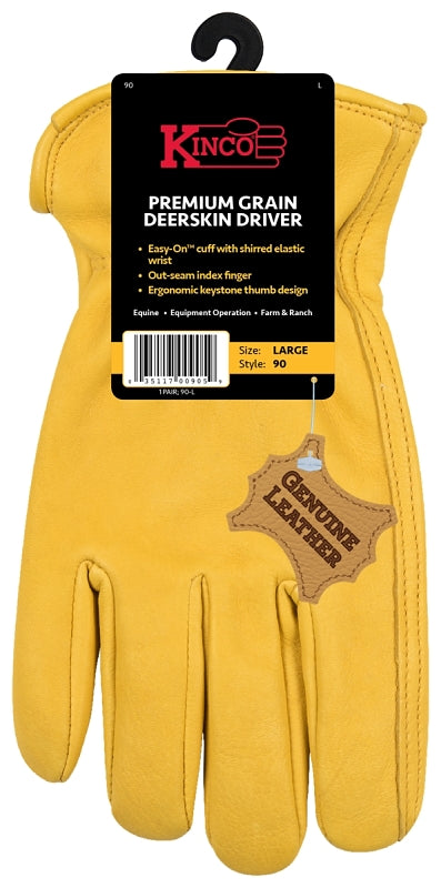 Kinco 90-XL Driver Gloves, Men's, XL, Keystone Thumb, Easy-On Cuff, Grain Deerskin Leather, Gold