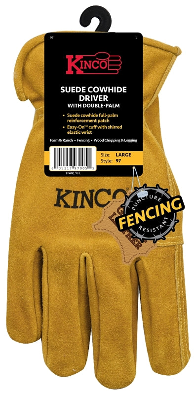 Kinco 97-XL Work Gloves, Men's, XL, Keystone Thumb, Shirred Elastic Cuff, Cowhide Leather, Gold