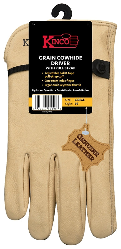 Kinco 99-XL Driver Gloves, Men's, XL, Keystone Thumb, Ball and Tape Cuff, Cowhide Leather, Tan