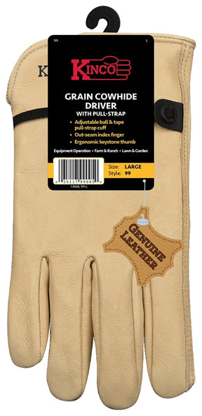 Kinco 99-XL Driver Gloves, Men's, XL, Keystone Thumb, Ball and Tape Cuff, Cowhide Leather, Tan