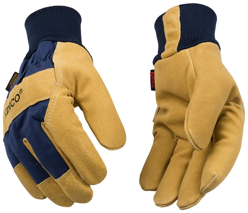 Heatkeep 1926KW-L Work Gloves, Men's, L, Angled Wing Thumb, Knit Wrist Cuff, Cotton Blend Canvas/Suede Pigskin Leather