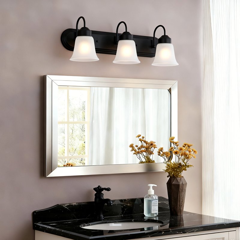 Boston Harbor OG24016 Vanity Light, 60 W, 3-Lamp, 24 in W, Steel Fixture, Matte Black Fixture with Frosted White Glass