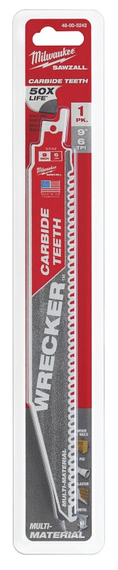 Milwaukee The WRECKER 48-00-5242 Reciprocating Saw Blade, 9 in L, 6 TPI, Carbide Cutting Edge