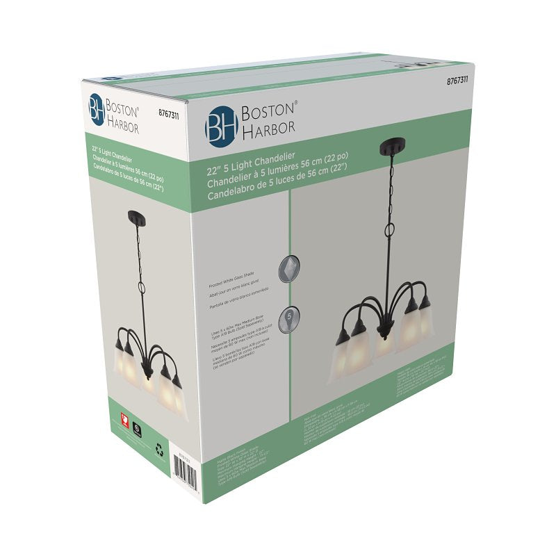 Boston Harbor OG24020 Chandelier, 5-Lamp, Metal Fixture, Matte Black Fixture
