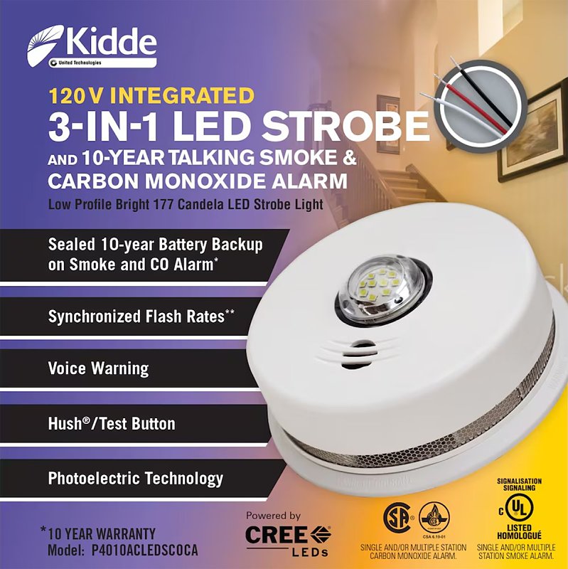 Kidde P4010ACLEDSCOCA Smoke and Carbon Monoxide Alarm, 85 dB, Alarm: Silent, Electrochemical, Photoelectric Sensor