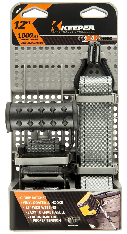 Keeper Diamond Series 45545 Tie-Down, 1-1/2 in W, 12 ft L, Steel, Gray, 1000 lb, J-Hook End Fitting