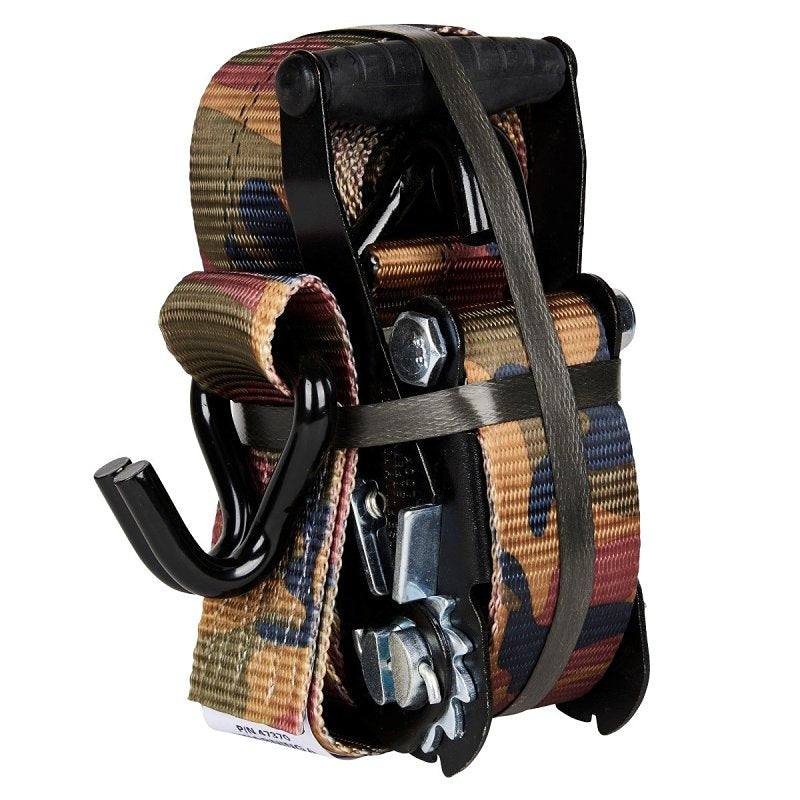 Keeper 47370-4C Tie-Down Ratchet, 2 in W, 16 ft L, Woodland Camouflage, 3333 lb Working Load, Double J-Hook End