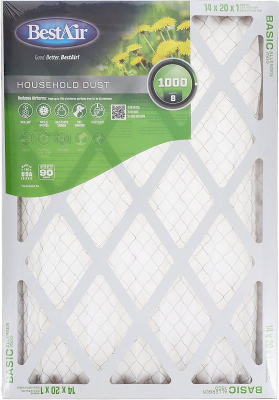 BestAir B1-1420-8-12 Air Filter, 20 in L, 14 in W, 8 MERV, 600 MPR, Pack of 12