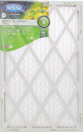 BestAir B1-1625-8-12 Air Filter, 25 in L, 16 in W, 8 MERV, 600 MPR, Pack of 12