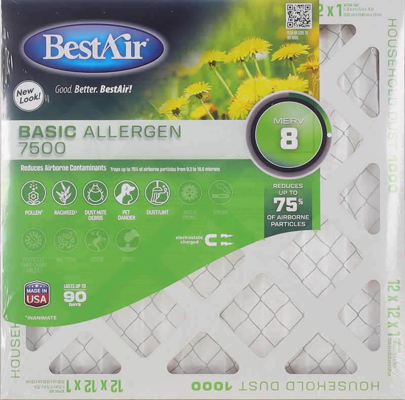 BestAir B1-1212-8-12 Air Filter, 12 in L, 12 in W, 8 MERV, Pack of 12