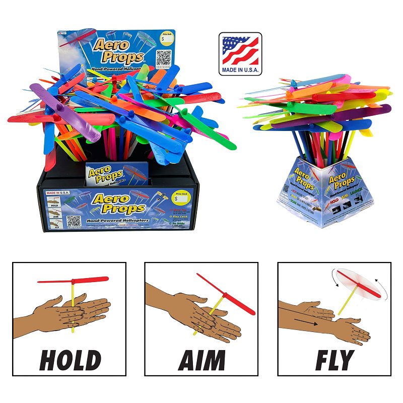 Aero Props AP0204-2D100 Propeller Toy, Hand Powered Flying, Plastic, Assorted, Pack of 100