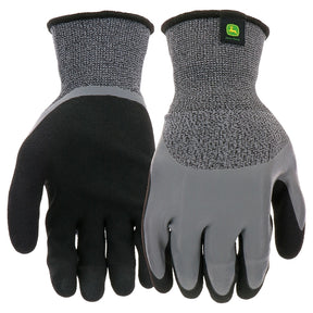 John Deere JD30500-L Double-Dipped Gloves, L, 4-1/4 in L, Knit Wrist, Seamless Cuff, Latex Coating, Black/Gray