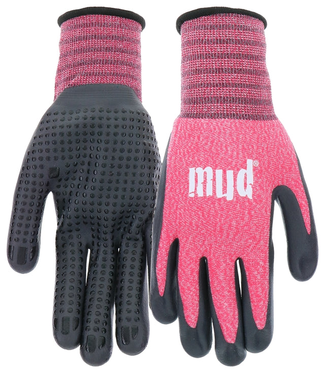 Mud MD31011W-W-SM Coated Gloves, Women's, S/M, 9 in L, Knit Wrist Cuff, Nitrile Coating, Nylon, Pink/Watermelon