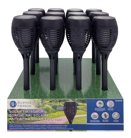 Boston Harbor 26076 Solar TIKI Torch, Nickel-Metal Hydride Battery, AA Battery, 32-Lamp, Plastic Fixture, Black, Pack of 12