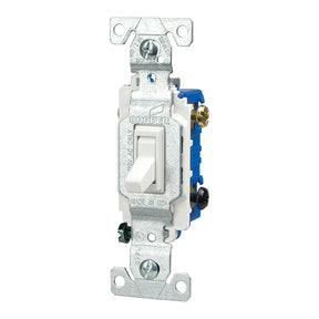 Eaton 1303W Toggle Switch, 15 A, 120 V, 3-Way, Back, Push, Side Wire Terminal, Polycarbonate Housing Material, White, Pack of 10