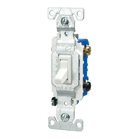 Eaton 1303W Toggle Switch, 15 A, 120 V, 3-Way, Back, Push, Side Wire Terminal, Polycarbonate Housing Material, White, Pack of 10