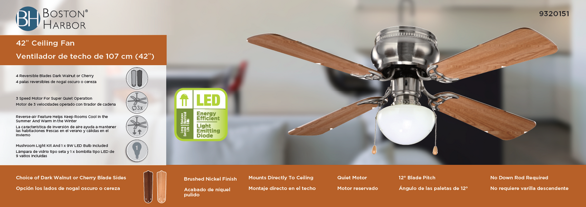 Boston Harbor 42-742T-MR-EN-BN Ceiling Fan, 4-Blade, Dark Walnut/Cherry Blade, 42 in Sweep, 3-Speed, With Lights: Yes