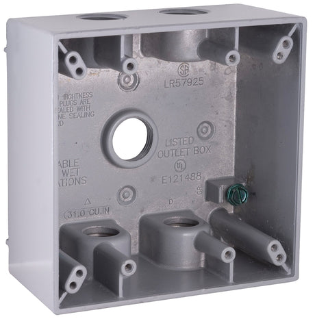 Hubbell 5337-0 Weatherproof Box, 31 cu-in, 5-Outlet, 2-Gang, Aluminum, Gray