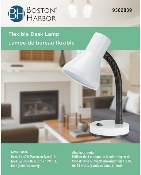 Boston Harbor TL-TB-134-WH-3L Flexible Desk Lamp, 120 V, 60 W, 1-Lamp, CFL Lamp, White Fixture, White