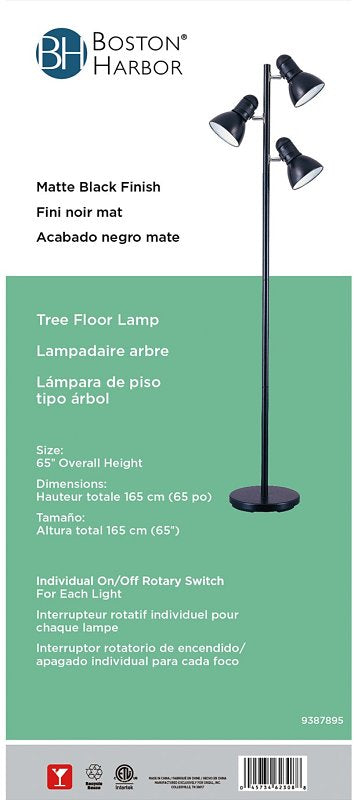 Boston Harbor TL-TREE-134-BK-3L Tree Lamp, 120 V, 180 W, 3-Lamp, Incandescent Lamp, Metal, Black Finish