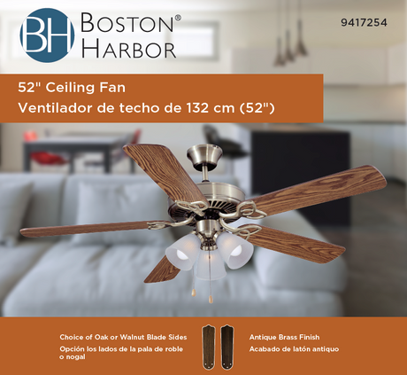 Boston Harbor CF-78042 Ceiling Fan, 5-Blade, Oak/Walnut Blade, 52 in Sweep, 3-Speed, With Lights: Yes