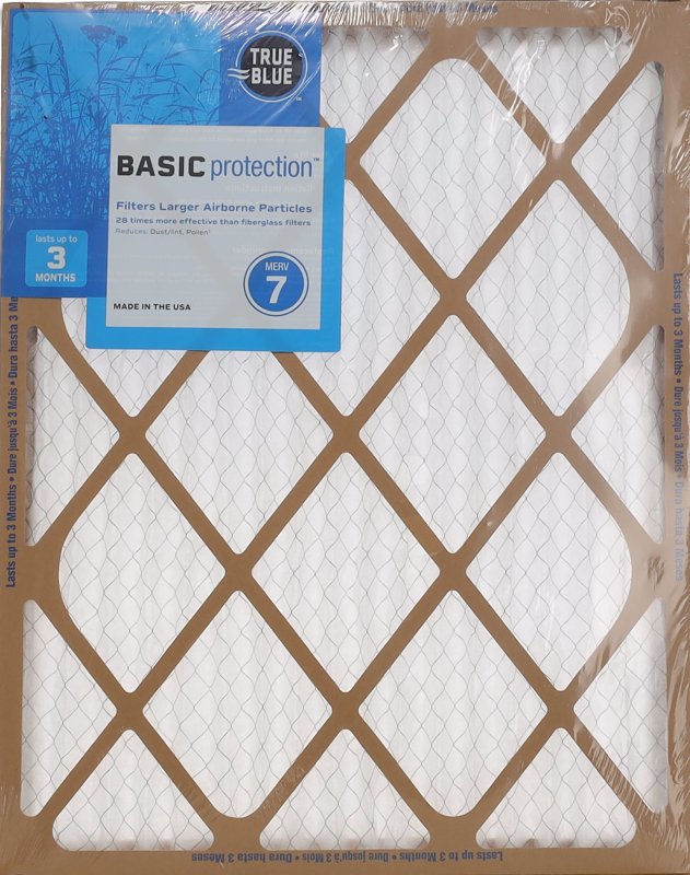True Blue 220251 Air Filter, 25 in L, 20 in W, 7 MERV, Cardboard Frame, For: Air Ducts and Furnace Systems, Pack of 12