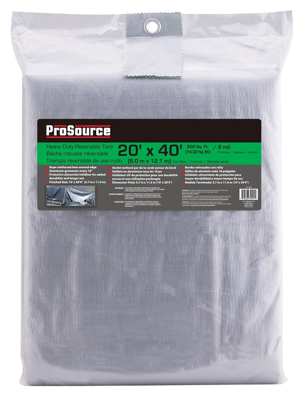 ProSource T2040GS140 Tarpaulin, 40 ft L, 20 ft W, 8 mil Thick, Polyethylene, Green/Silver
