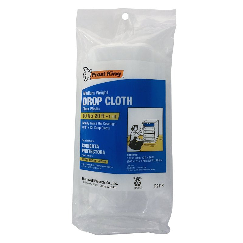 Frost King P211R Drop Cloth, 20 ft L, 10 ft W, 1 mil Thick, Plastic, Clear