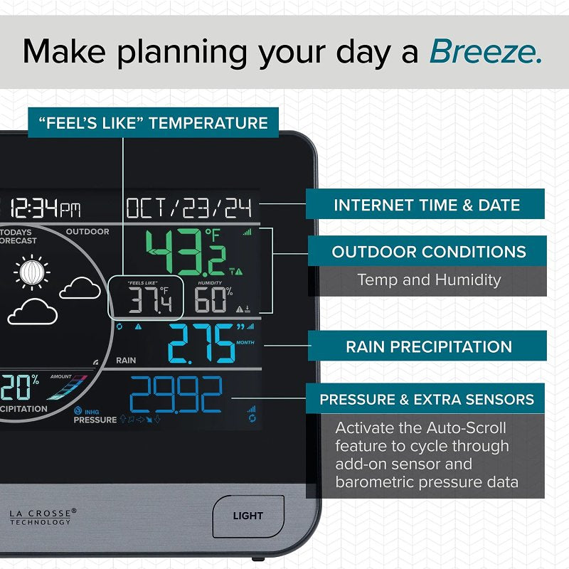 La Crosse V61-WSDTHR Professional Weather Station, Battery, 32 to 122 deg F, 10 to 99 % Humidity Range, LCD Display