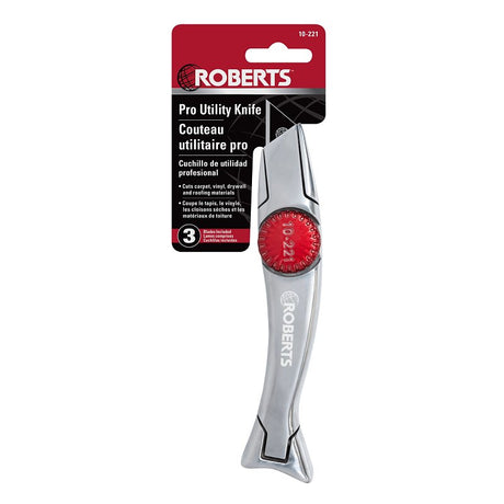Roberts 10-221 Utility Knife, 2-1/4 in L Blade, Stainless Steel Blade, Contoured Handle