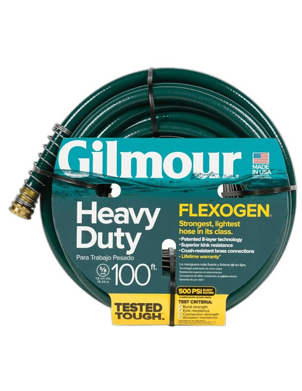 Gilmour 864001-1001 Heavy-Duty Garden Hose, 5/8 in, 100 ft L, Spigot, Brass/Stainless Steel/Vinyl, Green