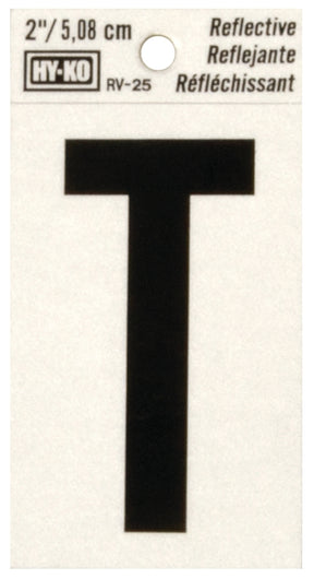 Hy-Ko RV-25/T Reflective Letter, 1-1/2 in W x 3 in H Dimensions, Character: T, 2 in H Character, Black Character, Vinyl, Pack of 10
