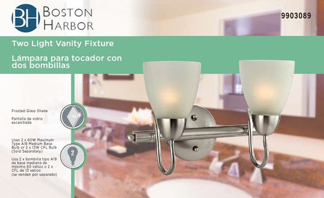 Boston Harbor V83NK02 Vanity Bar Fixture, 60 W, 2-Lamp, CFL Lamp, Steel Fixture, Brushed Nickel Fixture