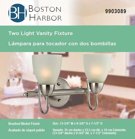 Boston Harbor V83NK02 Vanity Bar Fixture, 60 W, 2-Lamp, CFL Lamp, Steel Fixture, Brushed Nickel Fixture