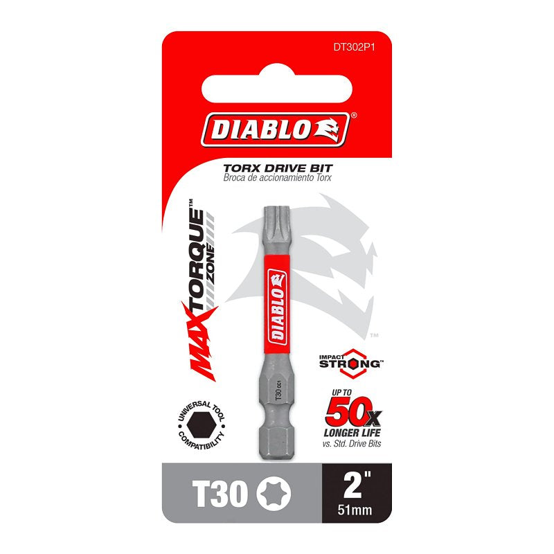 Diablo DT302P1 Drive Bit, #30 Drive, Torx Drive, 1/4 in Shank, Hex Shank, 2 in L