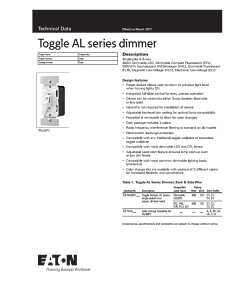 Eaton Wiring Devices AL Series TUL06P-C2-KB-L Toggle Dimmer, 120 V, 300 W, CFL, LED Lamp, 3-Way