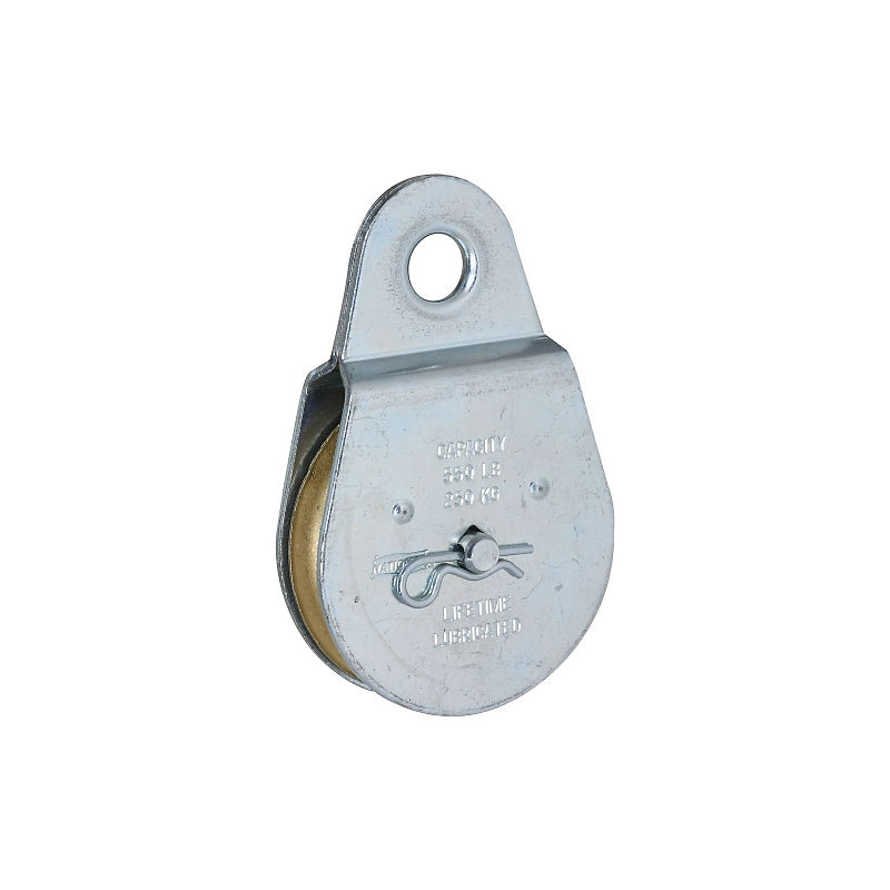 National Hardware N220-012 Pulley, Single Fixed, 1/2 in Dia Eye, 3/8 in Rope, 550 lb Working Load, 2-1/2 in Sheave, Zinc