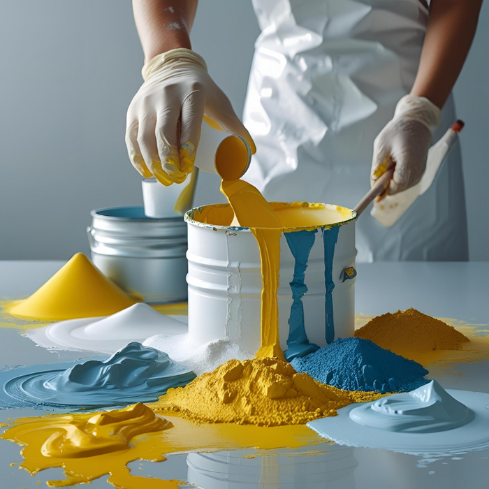 Person mixing yellow and blue powder into a white container with gloves on, on a gray background.