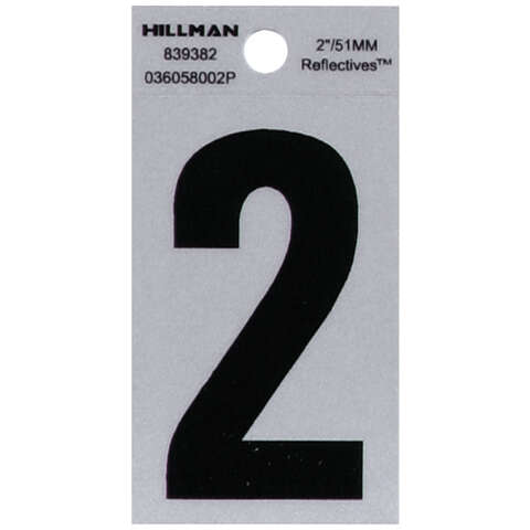 HILLMAN 2 in. Reflective Black Vinyl Self-Adhesive Number 2 1 pc, Pack of 6